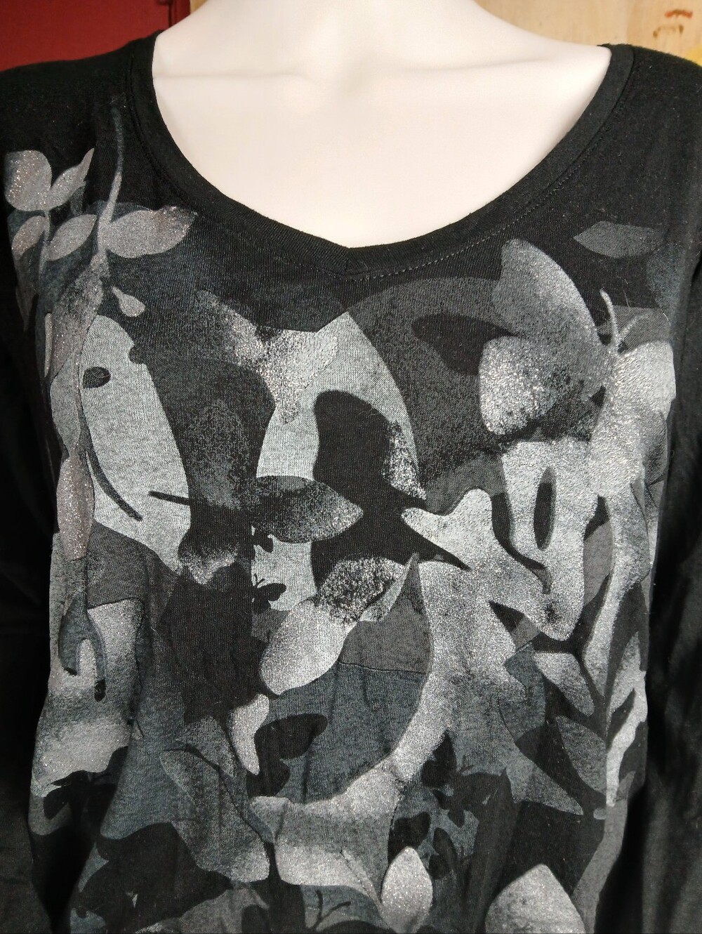 Just My Size Black Long Sleeve V-Neck Top with Silver Floral and Butterfly Print